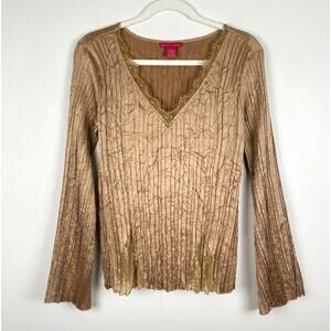 y2k Sunny Leigh Blouse Top M Gold Satin Crinkle Lace Trim V-Neck Bell Sleeve
